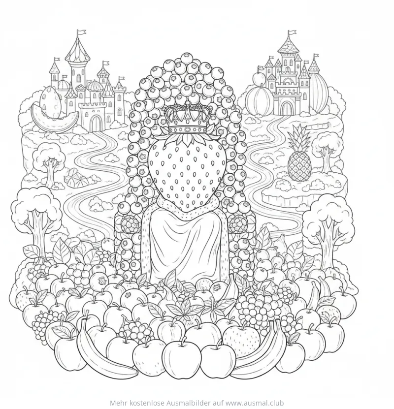 Erdbeere als Königin auf Blaubeerthron Ausmalbild