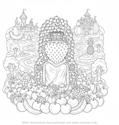 Erdbeere als Königin auf Blaubeerthron Ausmalbild