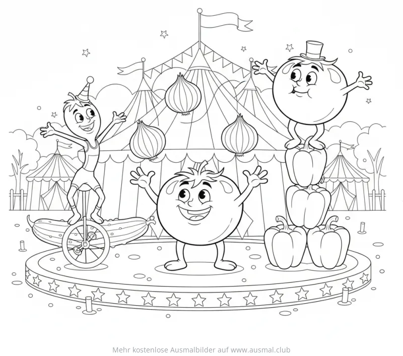 Tomaten, Zwiebeln und Paprika im Zirkus Ausmalbild