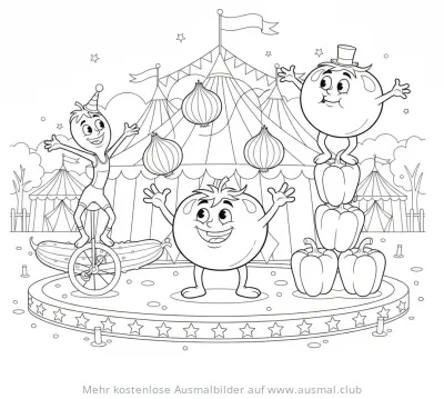 Tomaten, Zwiebeln und Paprika im Zirkus Ausmalbild