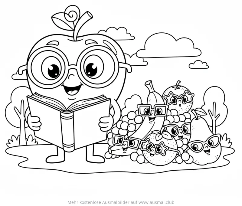 Schlauer Apfel mit Brille liest Buch, umgeben von Früchten Ausmalbild