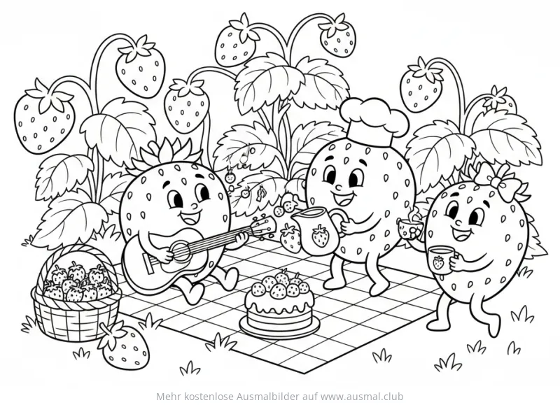 Erdbeeren Party Ausmalbild mit Gitarre, Kuchen und Getränken