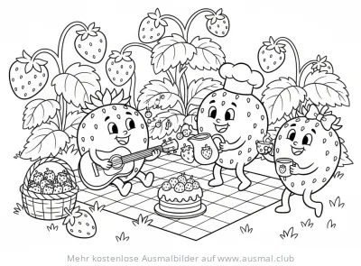 Erdbeeren Party Ausmalbild mit Gitarre, Kuchen und Getränken