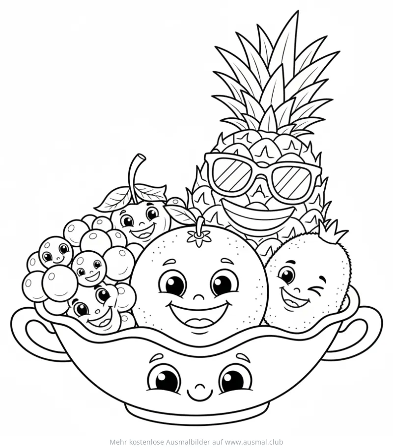 Obstkorb mit Ananas, Orange, Kiwi und Traube Ausmalbild