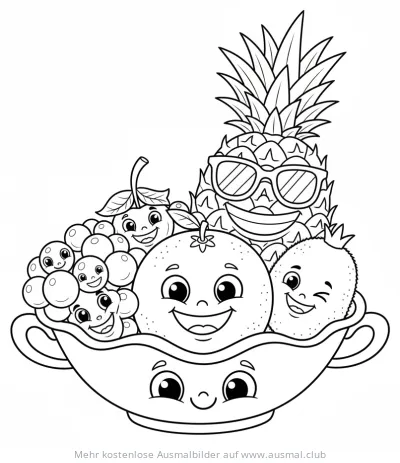 Obstkorb mit Ananas, Orange, Kiwi und Traube Ausmalbild