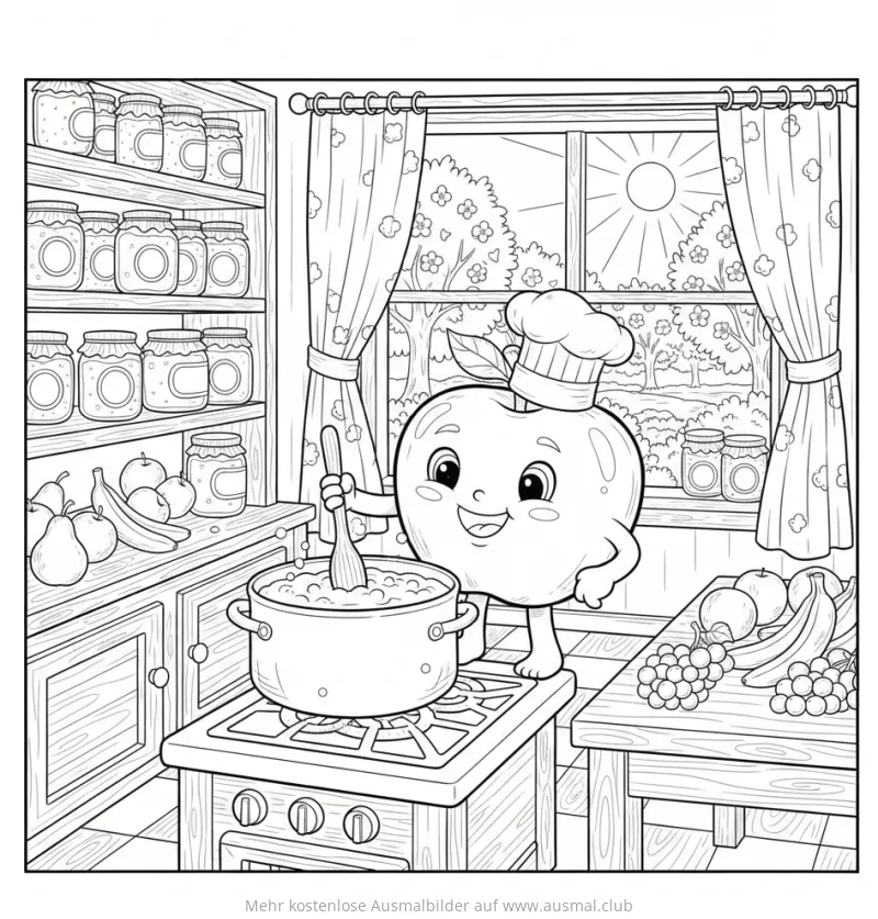 Apfelkoch mit Kochmütze am Herd Ausmalbild
