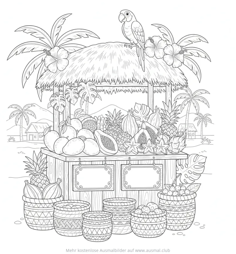 Tropenmarkt mit Früchten und Papagei Ausmalbild