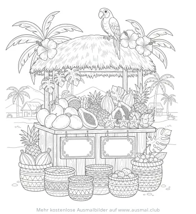 Tropenmarkt mit Früchten und Papagei Ausmalbild