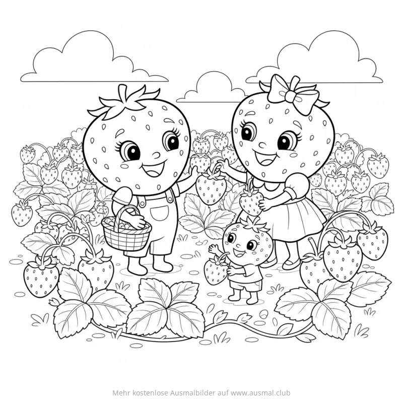 Erdbeerfamilie beim Ernten im Erdbeerfeld Ausmalbild