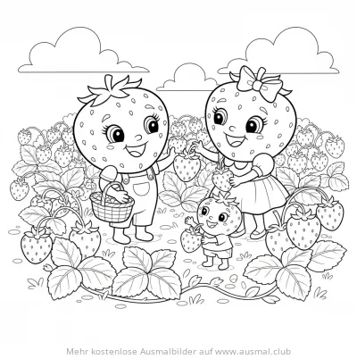 Erdbeerfamilie beim Ernten im Erdbeerfeld Ausmalbild