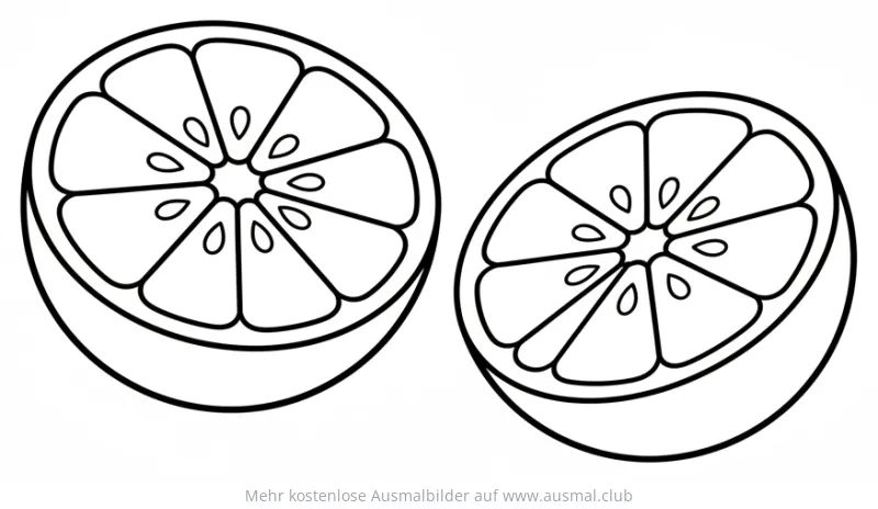 Halbierte Orange Ausmalbild mit Fruchtsegmenten und Kernen