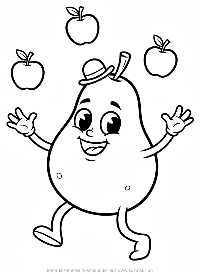 Birne mit Hut jongliert Äpfel Ausmalbild