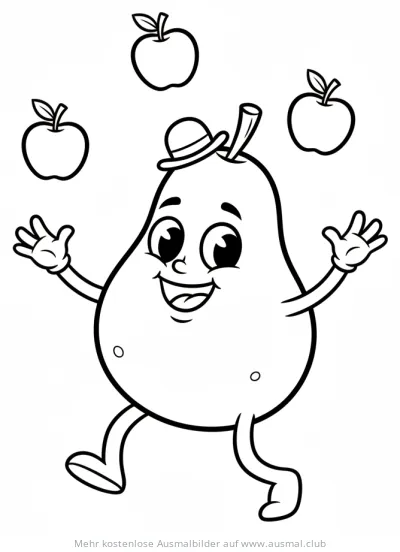 Birne mit Hut jongliert Äpfel Ausmalbild