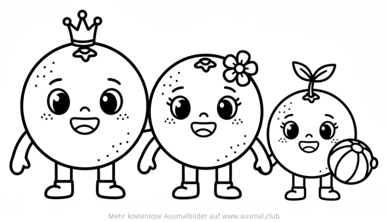Orangen Familie als Ausmalbild mit Krone, Blume und Ball