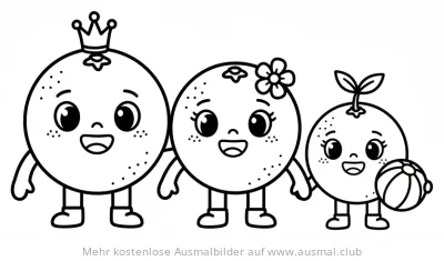 Orangen Familie als Ausmalbild mit Krone, Blume und Ball