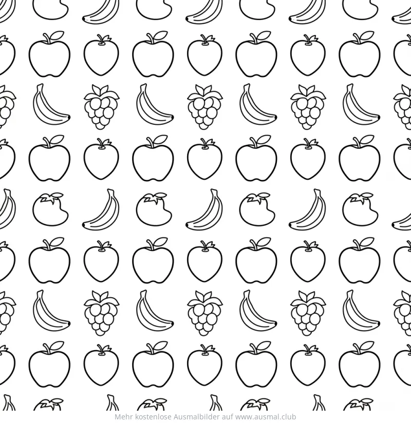 Obst Muster Ausmalbild mit Äpfeln, Bananen, Himbeeren und Tomaten