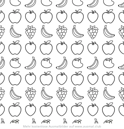 Obst Muster Ausmalbild mit Äpfeln, Bananen, Himbeeren und Tomaten