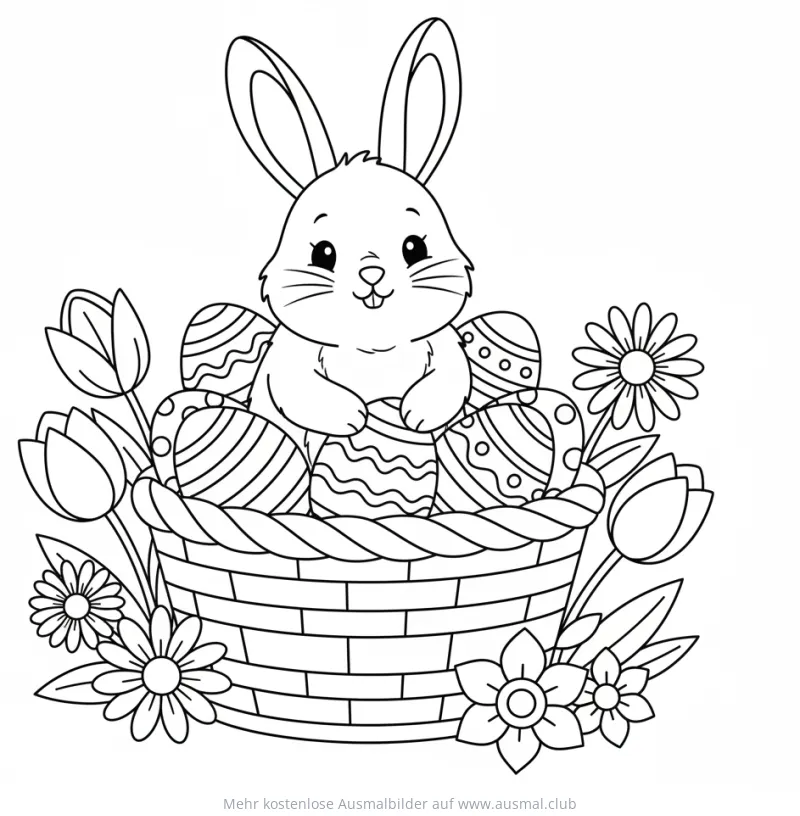 Osterhase sitzt in einem Korb voller Ostereier Ausmalbild