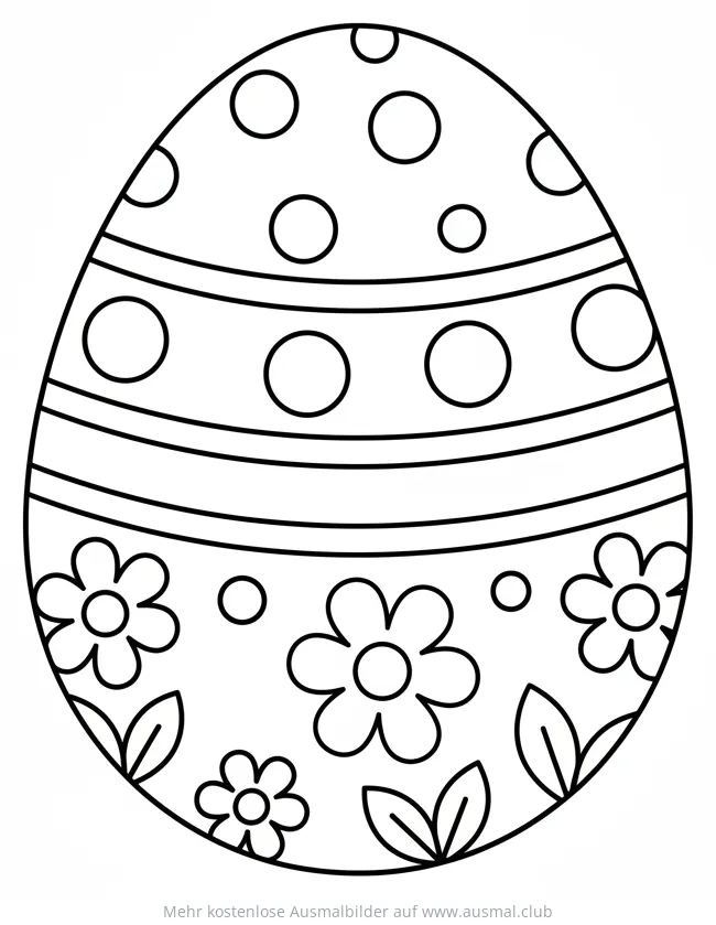 Großes Osterei mit Streifen, Punkten und Blumen Ausmalbild