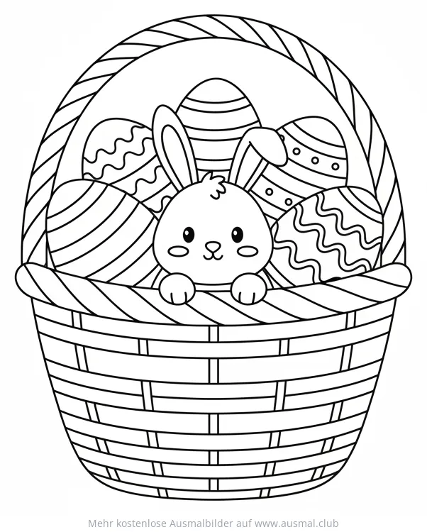 Osterkorb gefüllt mit Eiern und Osterhase Ausmalbild