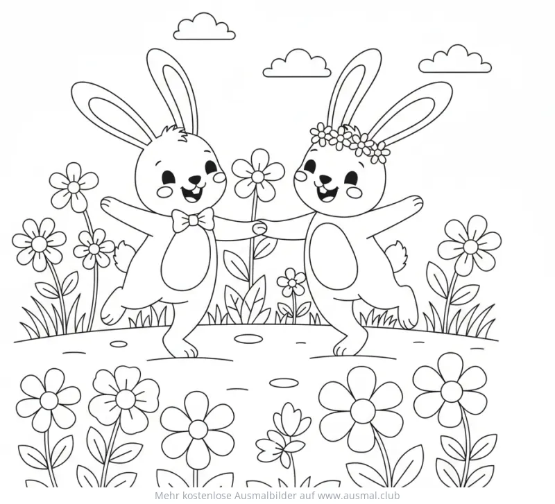 Zwei Osterhasen tanzen Hand in Hand Ausmalbild