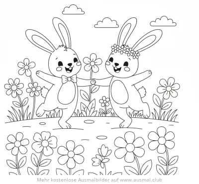 Zwei Osterhasen tanzen Hand in Hand Ausmalbild