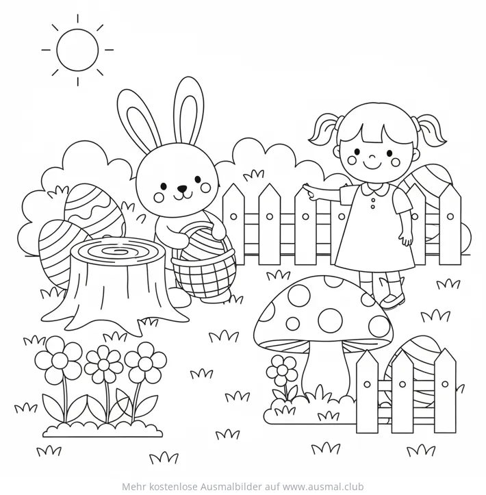 Ostereiersuche im Garten Ausmalbild