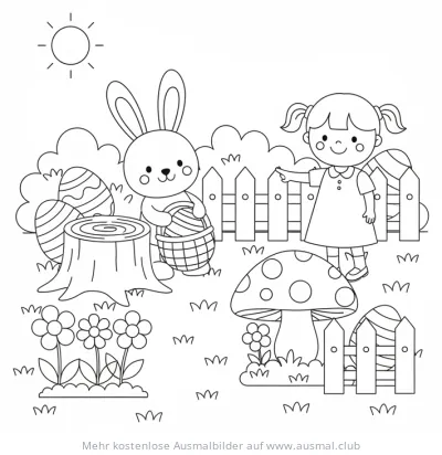Ostereiersuche im Garten Ausmalbild