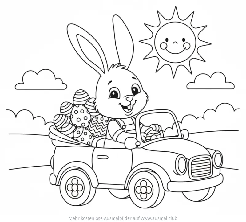 Osterhase fährt ein Auto voller Ostereier Ausmalbild