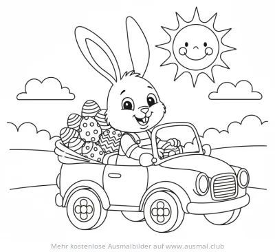 Osterhase fährt ein Auto voller Ostereier Ausmalbild