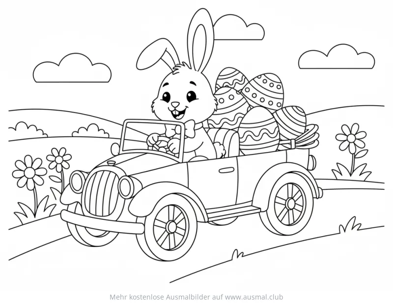 Osterhase fährt Auto mit Ostereiern Ausmalbild
