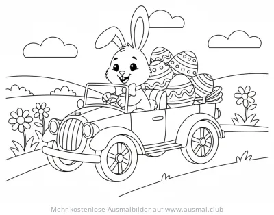 Osterhase fährt Auto mit Ostereiern Ausmalbild