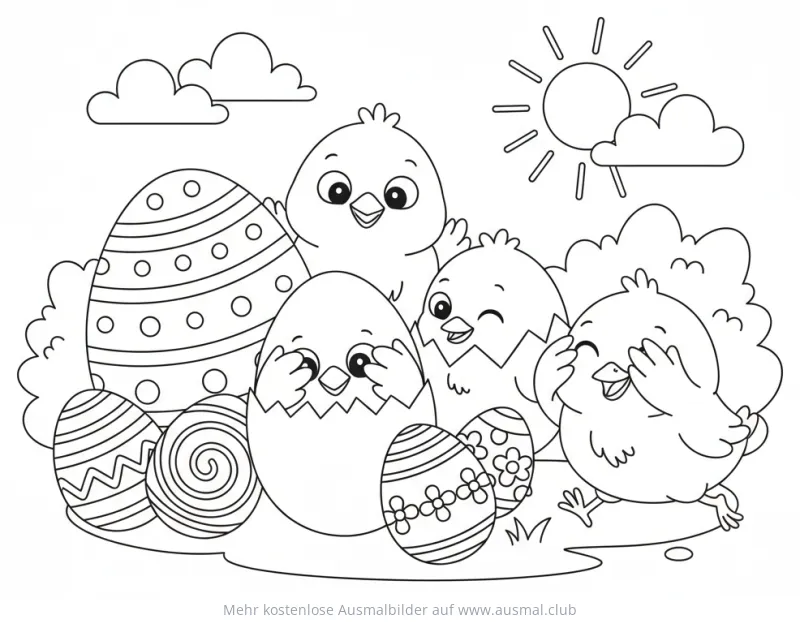 Küken spielen Verstecken zwischen Ostereiern Ausmalbild
