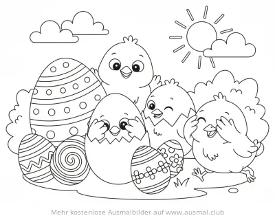 Küken spielen Verstecken zwischen Ostereiern Ausmalbild