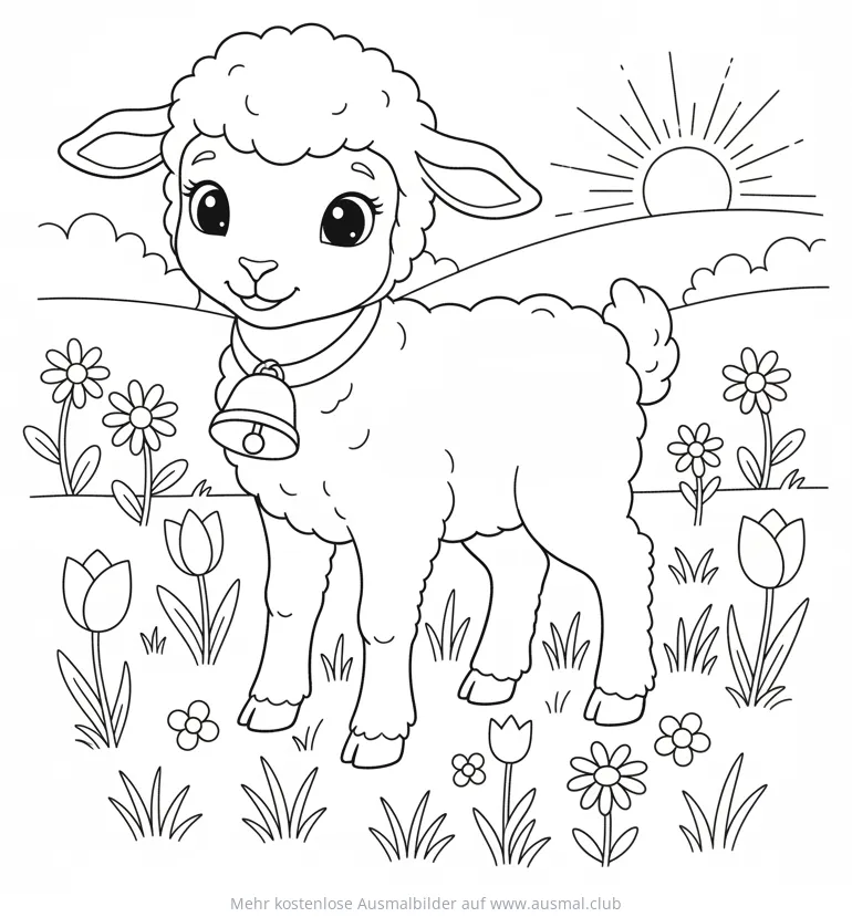 Osterlamm auf Blumenwiese Ausmalbild