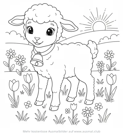 Osterlamm auf Blumenwiese Ausmalbild