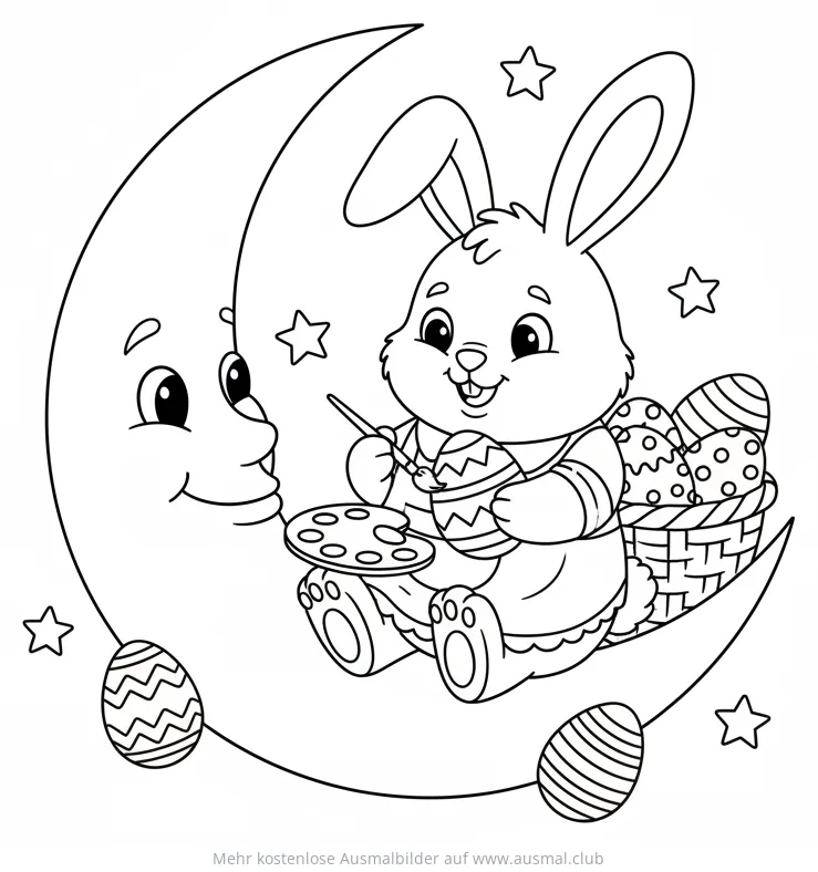 Osterhase sitzt auf dem Mond und bemalt Ostereier Ausmalbild