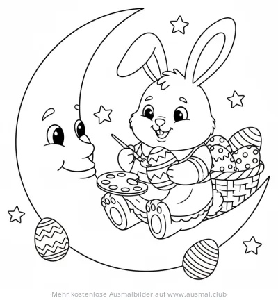Osterhase sitzt auf dem Mond und bemalt Ostereier Ausmalbild