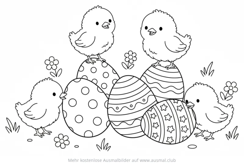 Küken spielen mit Ostereiern Ausmalbild