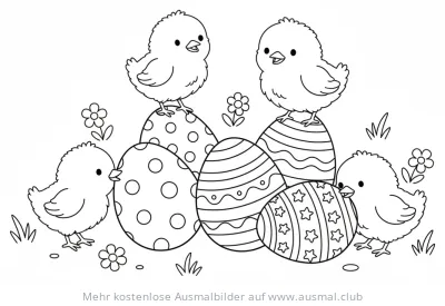 Küken spielen mit Ostereiern Ausmalbild