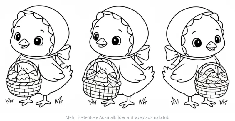 Drei Küken mit Häubchen tragen Körbe Ausmalbild