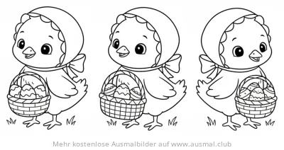 Drei Küken mit Häubchen tragen Körbe Ausmalbild