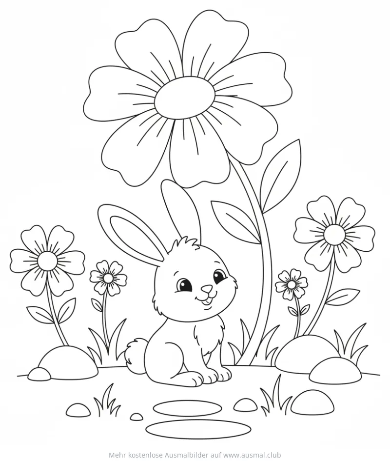 Hase sitzt unter Blume Ausmalbild