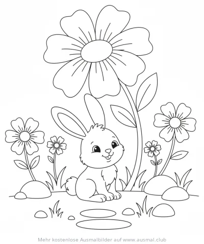 Hase sitzt unter Blume Ausmalbild