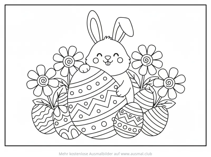 Ostern Szene mit Blumen, Eiern und Hase Ausmalbild