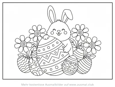 Ostern Szene mit Blumen, Eiern und Hase Ausmalbild