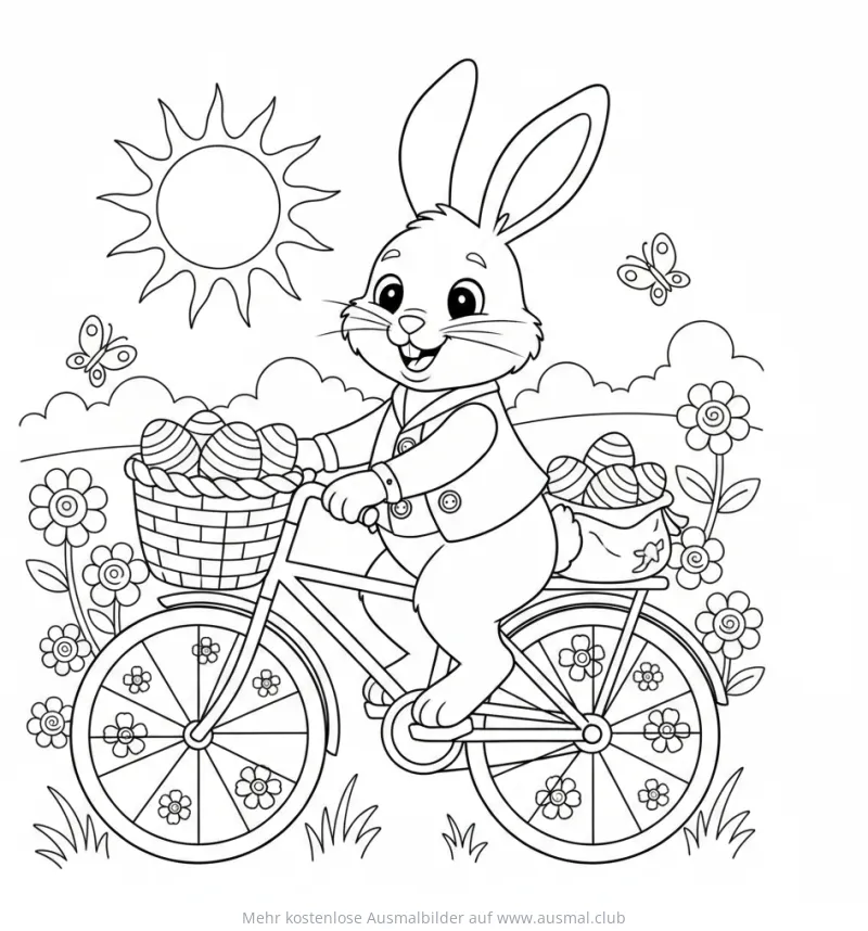 Osterhase fährt Fahrrad und liefert Ostereier aus Ausmalbild