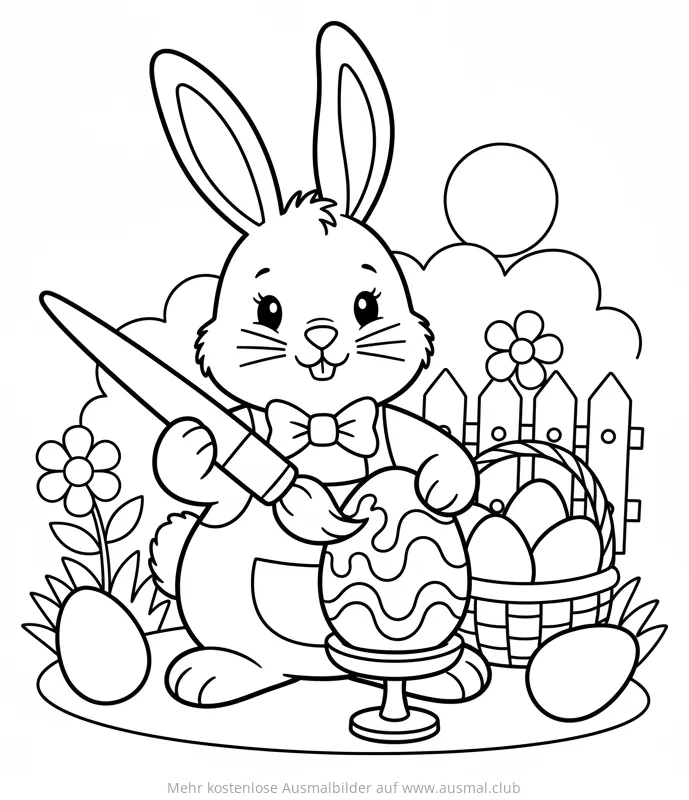 Osterhase malt ein Osterei mit Pinsel Ausmalbild