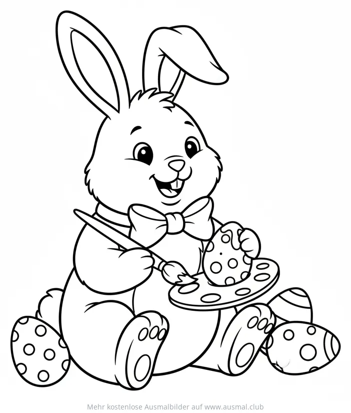 Osterhase mit Pinsel und Palette bemalt Ostereier Ausmalbild