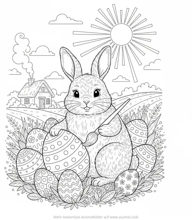Osterhase mit Pinsel und Ostereiern Ausmalbild